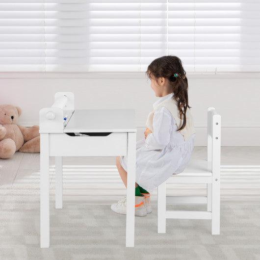Wooden Kids Table and Chair Set with Storage and Paper Roll Holder-White at Set Shop and Smile