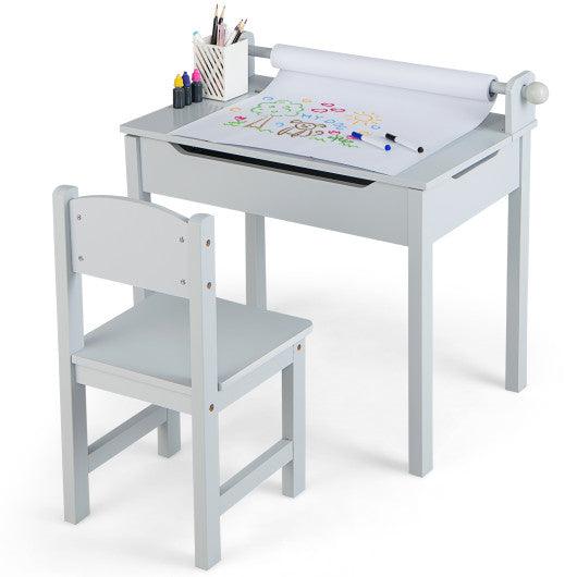 Wooden Kids Table and Chair Set with Storage and Paper Roll Holder-Gray at Set Shop and Smile