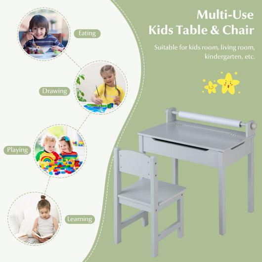 Wooden Kids Table and Chair Set with Storage and Paper Roll Holder-Gray at Set Shop and Smile