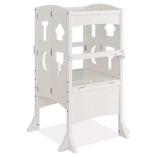 Folding Wooden Step Stool with Lockable Safety Rail for Toddler 3+-White at Set Shop and Smile