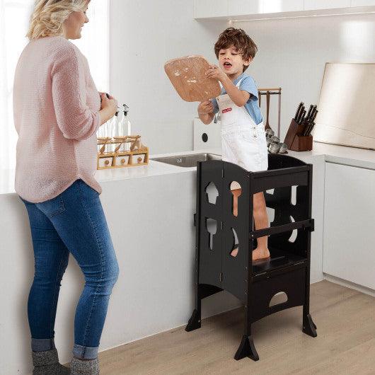 Folding Wooden Step Stool with Lockable Safety Rail for Toddler 3+-Coffee at Set Shop and Smile