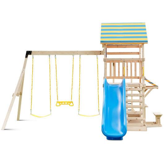 Wooden Swing Set with Large Upper Deck Slide and Steering Wheel at Set Shop and Smile