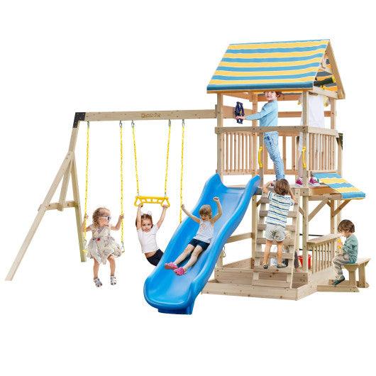 Wooden Swing Set with Large Upper Deck Slide and Steering Wheel at Set Shop and Smile