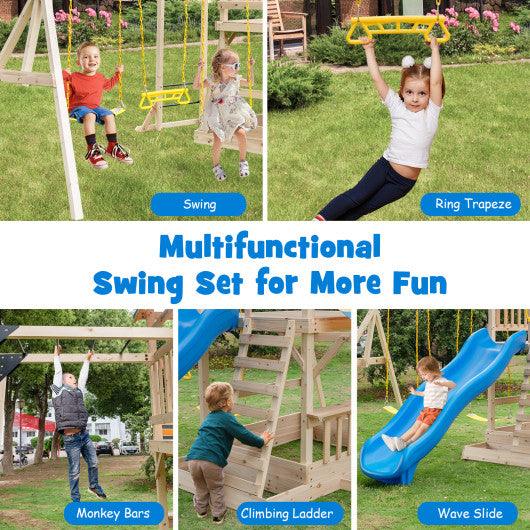 Wooden Swing Set with Large Upper Deck Slide and Steering Wheel at Set Shop and Smile