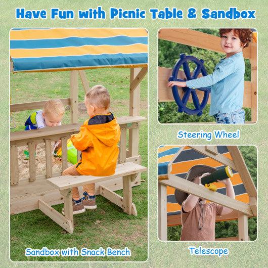 Wooden Swing Set with Large Upper Deck Slide and Steering Wheel at Set Shop and Smile