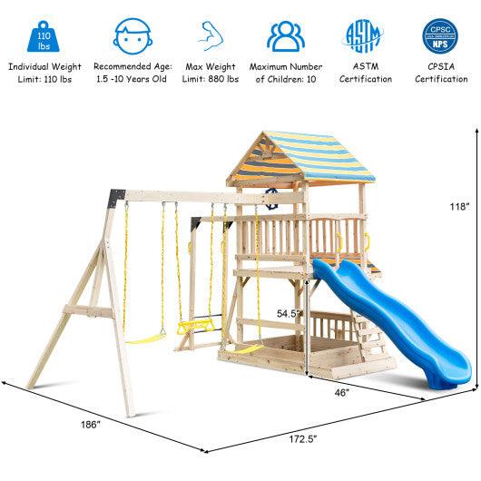 Wooden Swing Set with Large Upper Deck Slide and Steering Wheel at Set Shop and Smile
