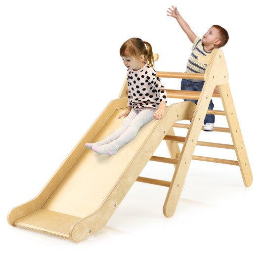 2-in-1 Wooden Triangle Climber Set with Gradient Adjustable Slide-Natural at Set Shop and Smile