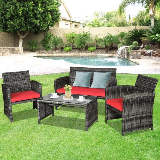 4 Pieces Patio Rattan Furniture Set with Cushions-Red at Set Shop and Smile