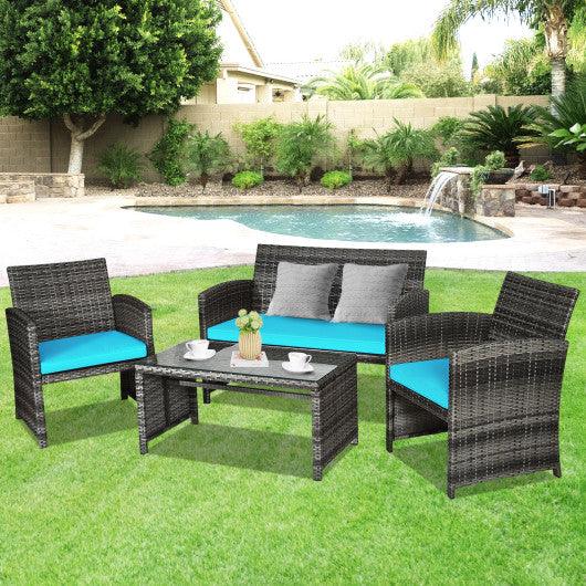 4 Pieces Patio Rattan Furniture Set with Cushions-Turquoise at Set Shop and Smile