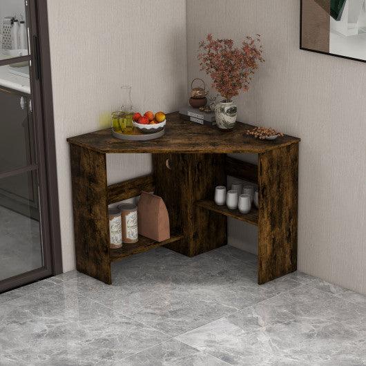 Corner Computer Desk Triangle Writing Workstation with Storage Shelf-Rustic Brown at Set Shop and Smile