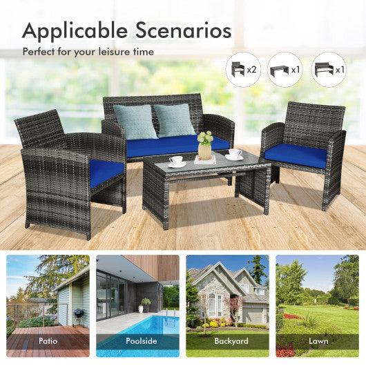 4 Pieces Patio Rattan Furniture Set with Glass Table and Loveseat-Navy at Set Shop and Smile