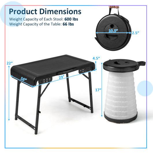 3 Pieces Folding Camping Table Stool Set with 2 Retractable LED Stools-Black at Set Shop and Smile