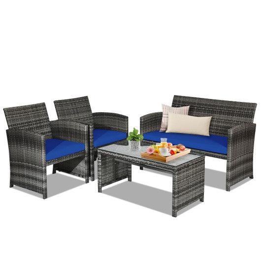 4 Pieces Patio Rattan Furniture Set with Glass Table and Loveseat-Navy at Set Shop and Smile