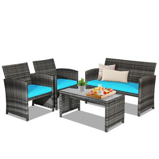 4 Pieces Patio Rattan Furniture Set with Cushions-Turquoise at Set Shop and Smile