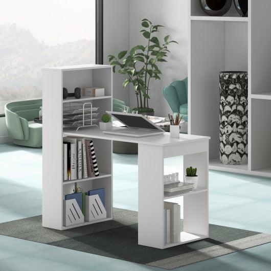 Computer Desk Writing Workstation Office with 6-Tier Storage Shelves-White at Set Shop and Smile