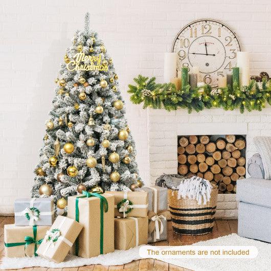 6 Feet Artificial Snow Decorated Flocked Hinged Christmas Tree with Metal Stand at Set Shop and Smile