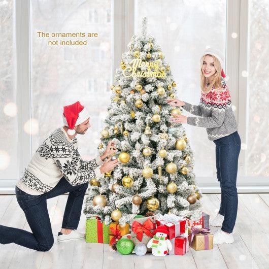 6 Feet Artificial Snow Decorated Flocked Hinged Christmas Tree with Metal Stand at Set Shop and Smile
