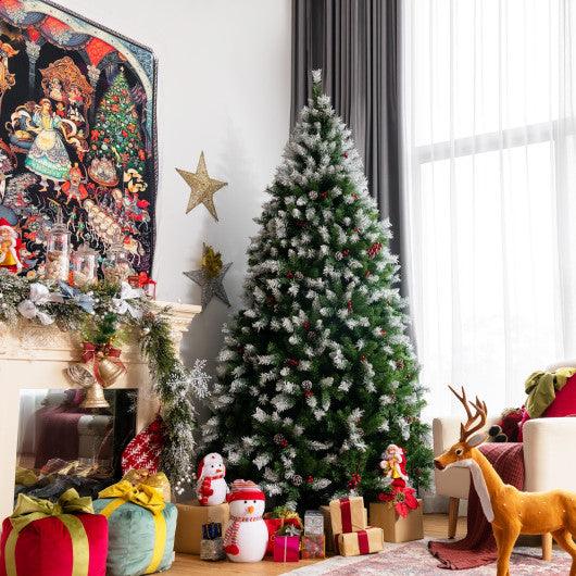 Pre-lit Snow Flocked Christmas Tree with Red Berries and LED Lights at Set Shop and Smile