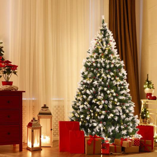 Pre-lit Snow Flocked Christmas Tree with Red Berries and LED Lights at Set Shop and Smile