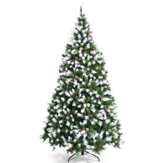 Pre-lit Snow Flocked Christmas Tree with Red Berries and LED Lights at Set Shop and Smile
