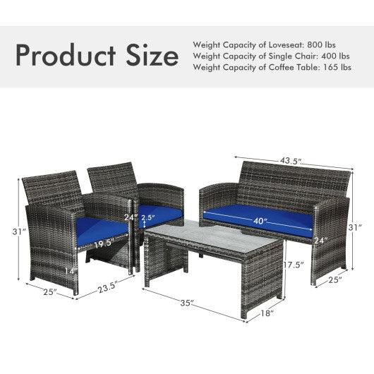 4 Pieces Patio Rattan Furniture Set with Glass Table and Loveseat-Navy at Set Shop and Smile