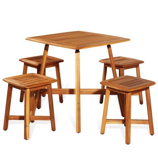 5 Pieces Wood Patio Dining Set with Square Table and 4 Stools at Set Shop and Smile
