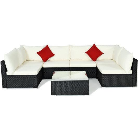 7-Piece Outdoor Sectional Wicker Patio Sofa Set with Tempered Glass Top-Beige at Set Shop and Smile