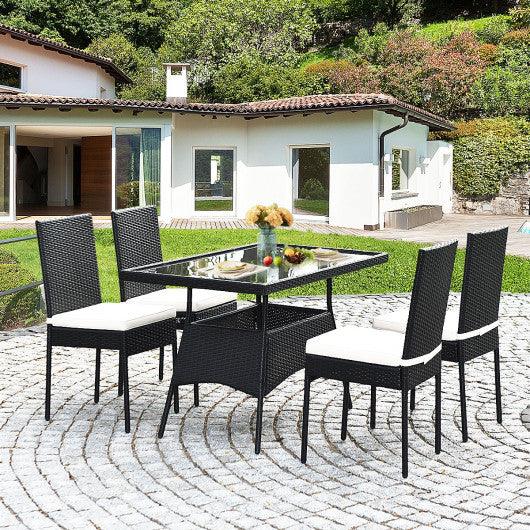 5 Pieces Outdoor Patio Rattan Dining Set with Glass Top with Cushions at Set Shop and Smile