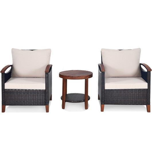 3 Pieces Patio Rattan Furniture Set with Washable Cushion and Acacia Wood Tabletop-Beige at Set Shop and Smile