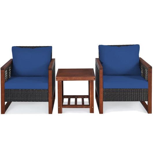 3 Pieces Patio Wicker Furniture Set with Washable Cushion and Acacia Wood Coffee Table-Navy at Set Shop and Smile