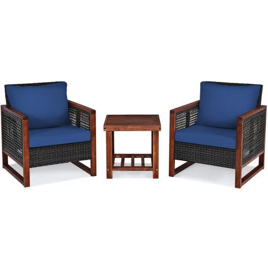 3 Pieces Patio Wicker Furniture Set with Washable Cushion and Acacia Wood Coffee Table-Navy at Set Shop and Smile