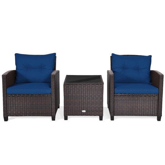 3 Pcs Patio Rattan Furniture Set Cushioned Conversation Set Coffee Table-Navy at Set Shop and Smile