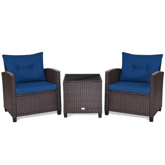 3 Pcs Patio Rattan Furniture Set Cushioned Conversation Set Coffee Table-Navy at Set Shop and Smile