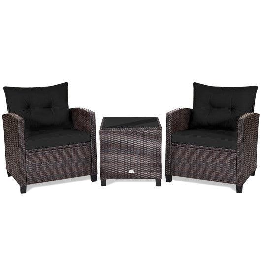 3 Pcs Patio Rattan Furniture Set Cushioned Conversation Set Coffee Table -Black at Set Shop and Smile