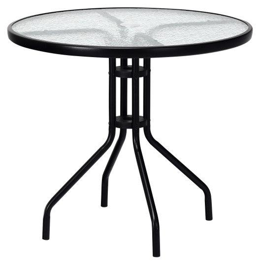32 Inch Outdoor Patio Round Tempered Glass Top Table with Umbrella Hole at Set Shop and Smile