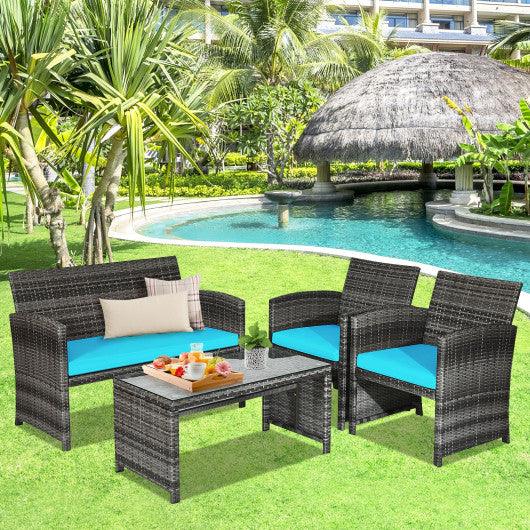 4 Pieces Patio Rattan Furniture Set with Cushions-Turquoise at Set Shop and Smile