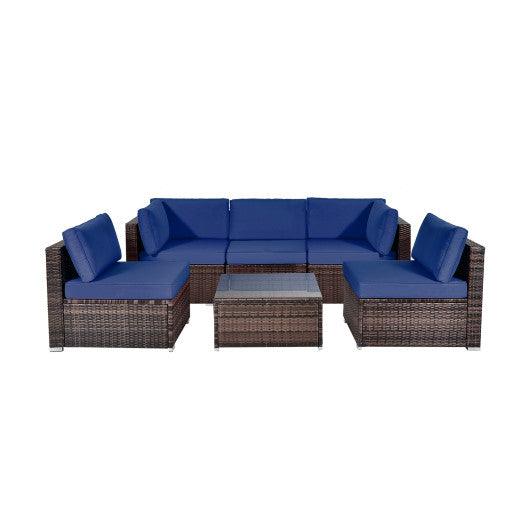 6 Pieces Patio Rattan Furniture Set with Cushions and Glass Coffee Table-Navy at Set Shop and Smile