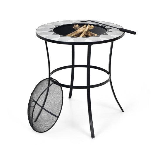 23.5 Inches Round Fire Pit Table with Mesh Cover and Fire Poker at Set Shop and Smile