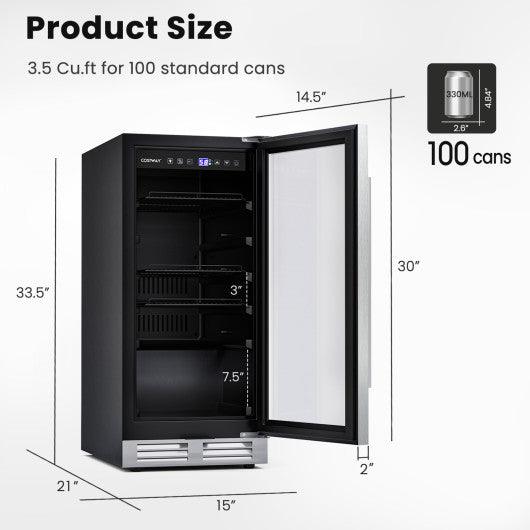 15 Inch 100 Can Built-in Freestanding Beverage Cooler Refrigerator with Adjustable Temperature and Shelf-Silver at Set Shop and Smile
