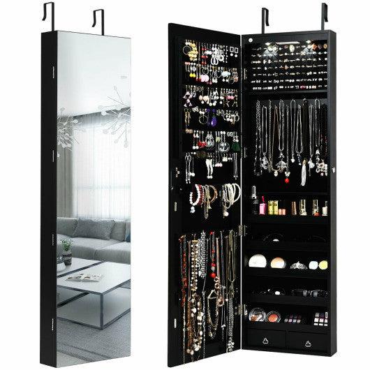 Wall and Door Mounted Mirrored Jewelry Cabinet with Lights-Black at Set Shop and Smile