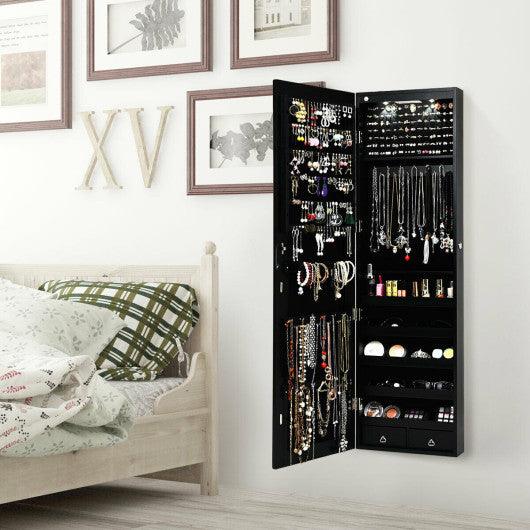 Wall and Door Mounted Mirrored Jewelry Cabinet with Lights-Black at Set Shop and Smile