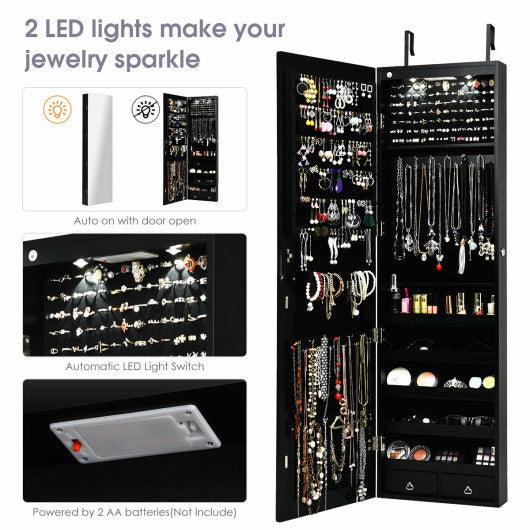 Wall and Door Mounted Mirrored Jewelry Cabinet with Lights-Black at Set Shop and Smile