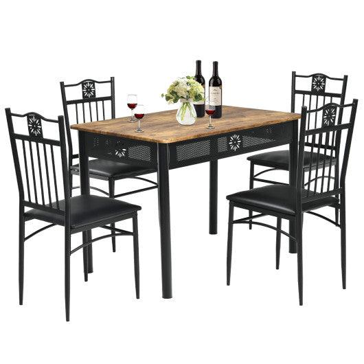 5 Pcs Dining Set Wood Metal Table and 4 Chairs with Cushions-Black at Set Shop and Smile