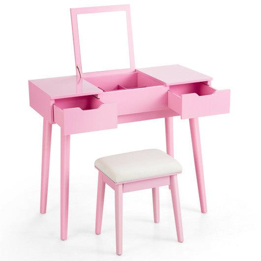 Makeup Vanity Table Set with Flip Top Mirror and 2 Drawers-Pink at Set Shop and Smile