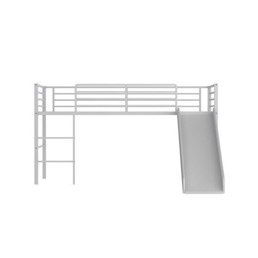 Twin Metal Loft Bed with Slide Safety Guardrails and Built-in Ladder-Silver at Set Shop and Smile