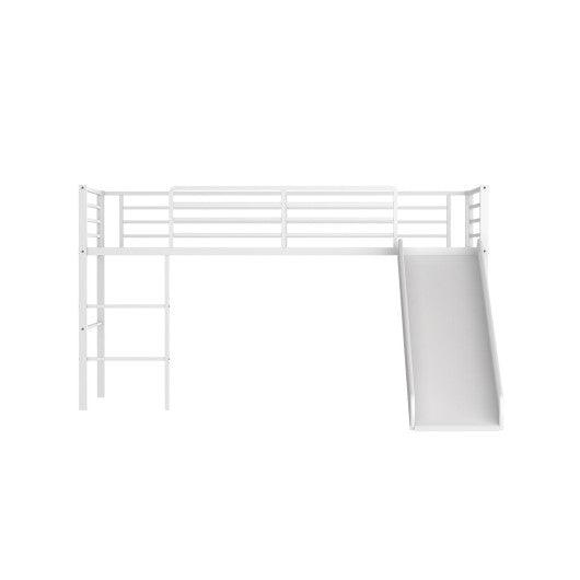 Twin Metal Loft Bed with Slide Safety Guardrails and Built-in Ladder-White at Set Shop and Smile