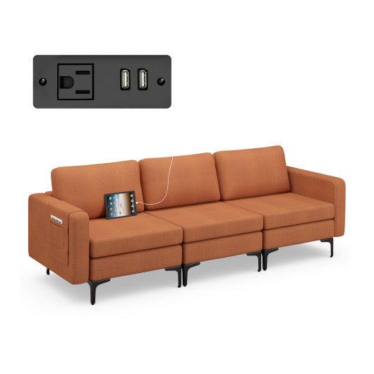 Convertible Sofa Couch with Magazine Pockets for Living room-Orange-3-Seat with USB port at Set Shop and Smile