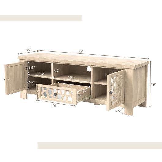 55 Inch Retro TV Stand Media Entertainment Center with Mirror Doors and Drawer-Natural at Set Shop and Smile
