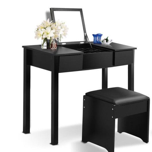 Vanity Makeup Dressing Table Set with Flip Top Mirror and Cushioned Stool-Black at Set Shop and Smile
