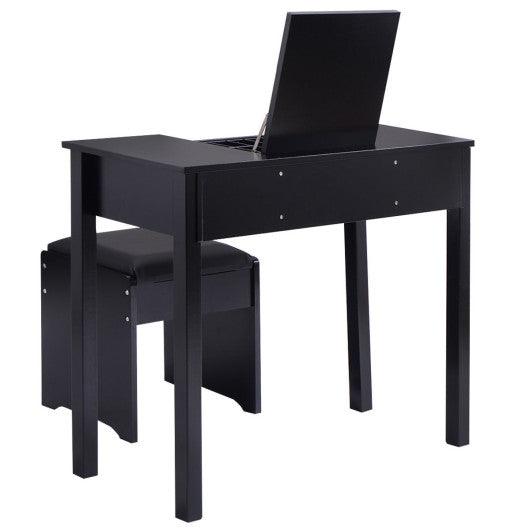 Vanity Makeup Dressing Table Set with Flip Top Mirror and Cushioned Stool-Black at Set Shop and Smile